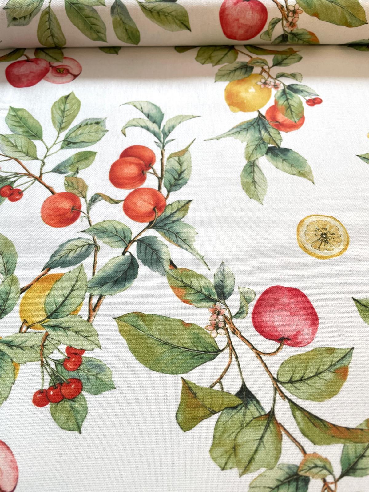 Dekostoff "Sommergarten"mit Äpfeln& Zitrusfrüchten creme